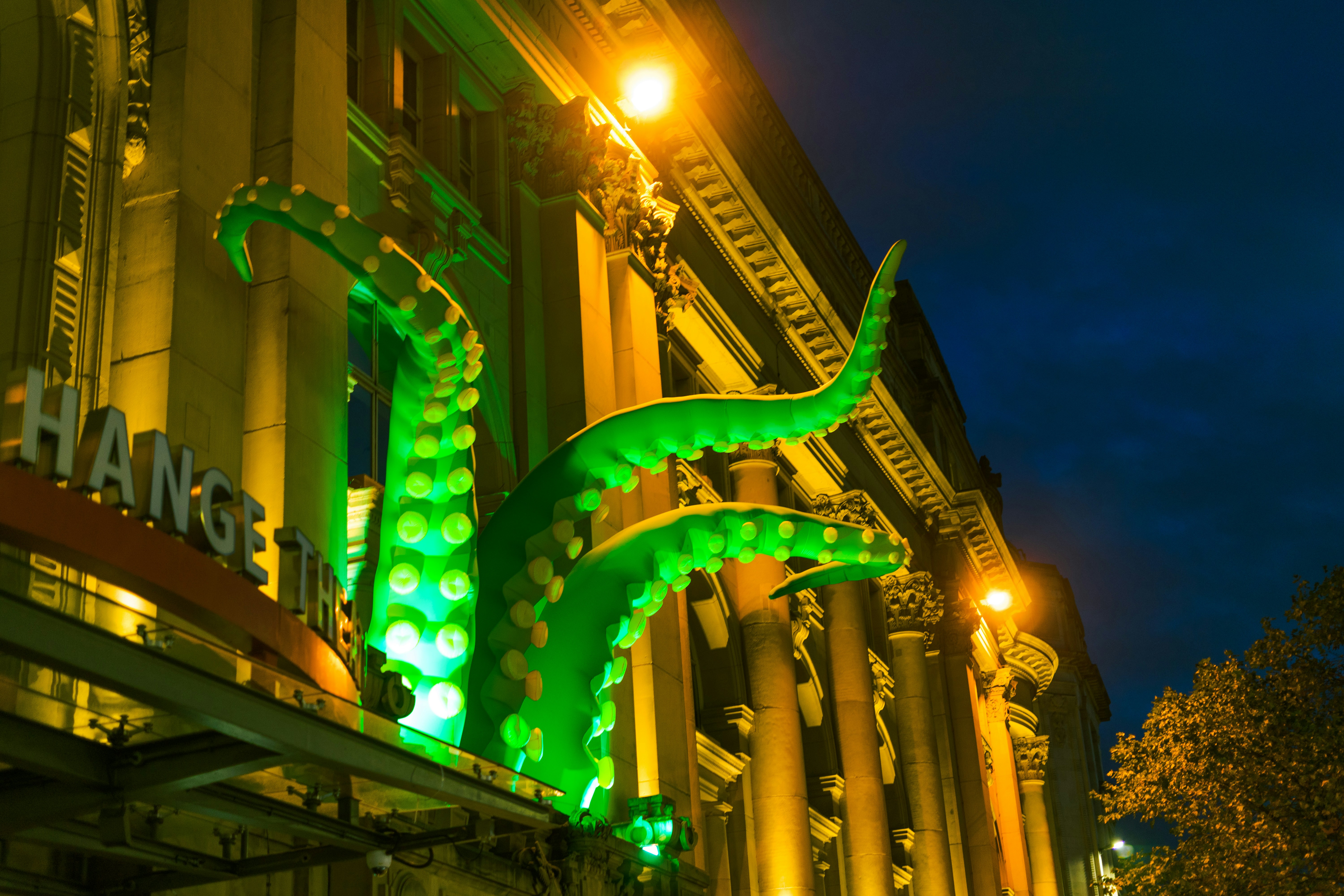 Halloween monster inflatable on Exchange Theatre in Manchester